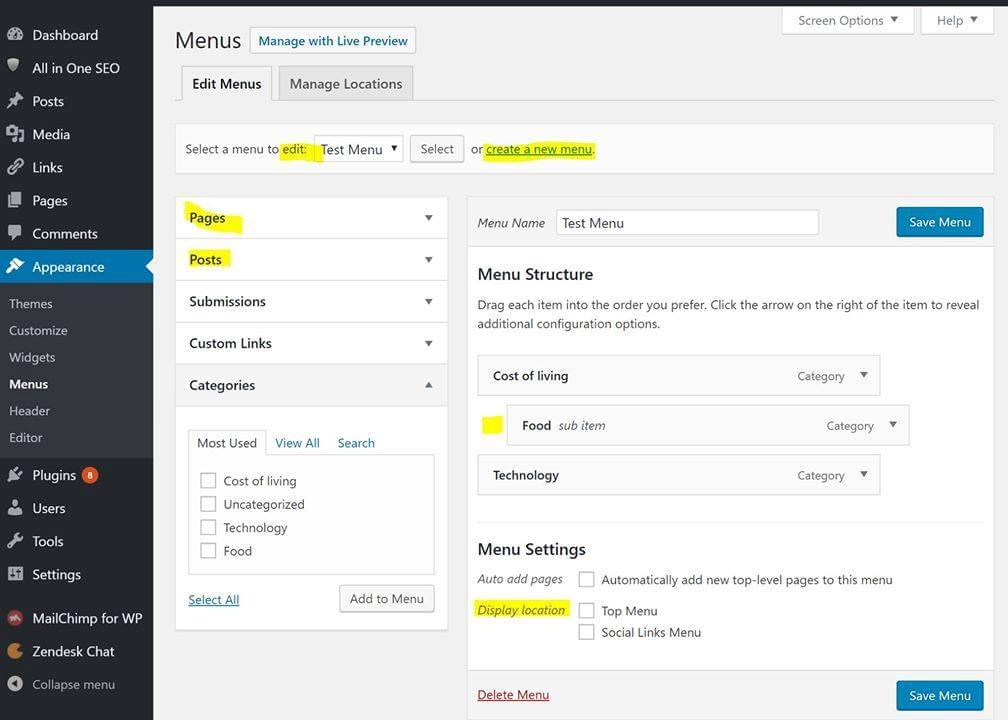 Create and edit Menus in Wordpress